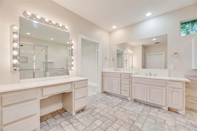 1281 Vz County Road 2120, Canton, TX 75103 - bathroom with recessed lighting, double vanity, a shower stall, and a sink