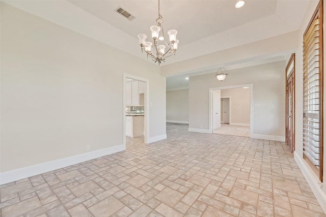 1281 Vz County Road 2120, Canton, TX 75103 - unfurnished room with baseboards, visible vents, an inviting chandelier, recessed lighting, and brick floor