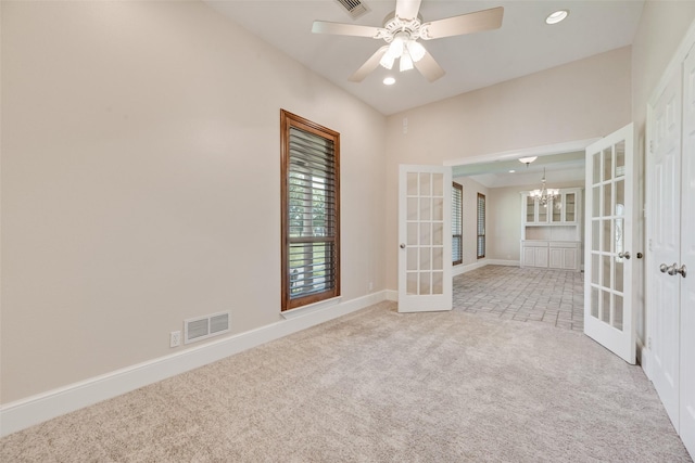 1281 Vz County Road 2120, Canton, TX 75103 - empty room featuring light carpet, french doors, baseboards, visible vents, and recessed lighting