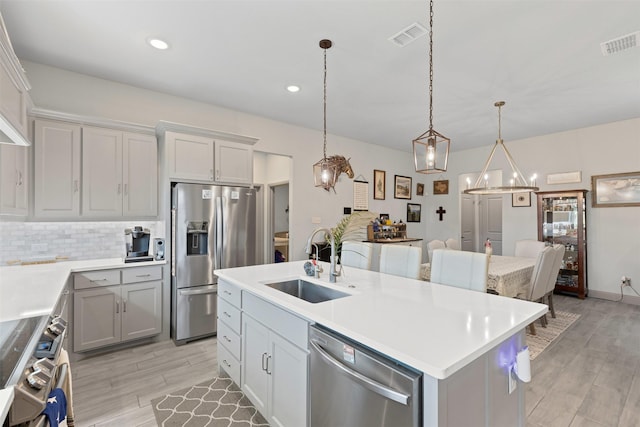 kitchen featuring stainless steel appliances, light countertops, visible vents, a sink, and light wood-style flooring