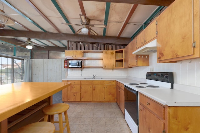 kitchen featuring stainless steel microwave, ceiling fan, open shelves, under cabinet range hood, and electric stove