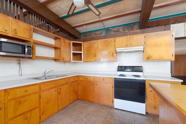 kitchen with a sink, decorative backsplash, range with electric cooktop, stainless steel microwave, and under cabinet range hood
