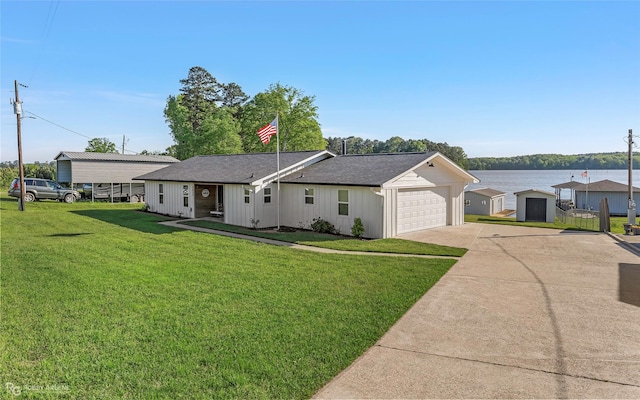 single story home featuring a front lawn, driveway, board and batten siding, an attached garage, and roof with shingles
