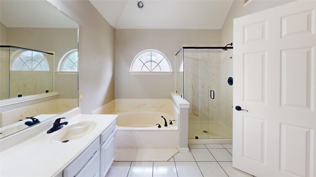 6926 Wickliff Trl, Plano, TX 75023 - bathroom with a bath, vanity, a marble finish shower, plenty of natural light, and vaulted ceiling