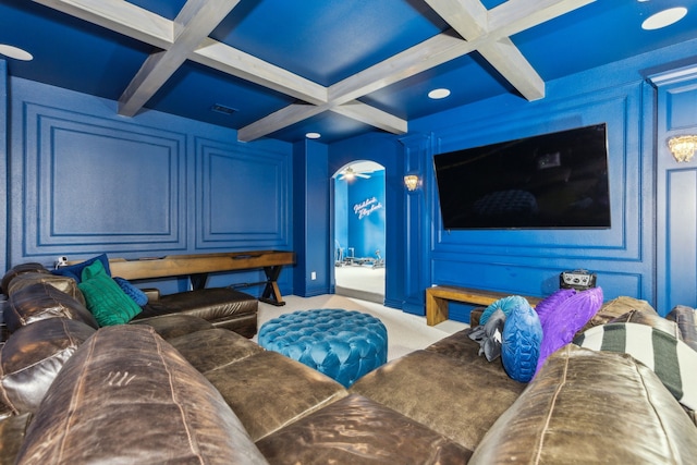 1501 Latigo Ct, Prosper, TX 75078 - carpeted home theater room featuring coffered ceiling, beamed ceiling, and a decorative wall