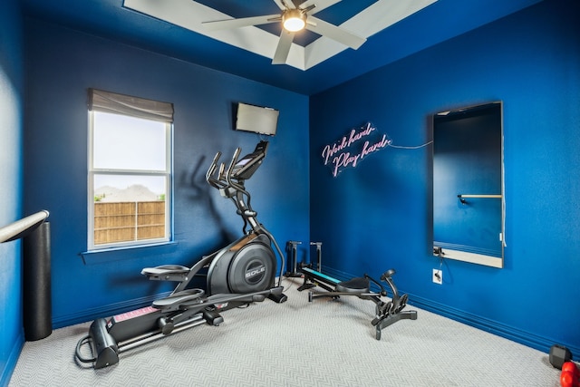 1501 Latigo Ct, Prosper, TX 75078 - workout area featuring ceiling fan, carpet floors, and baseboards