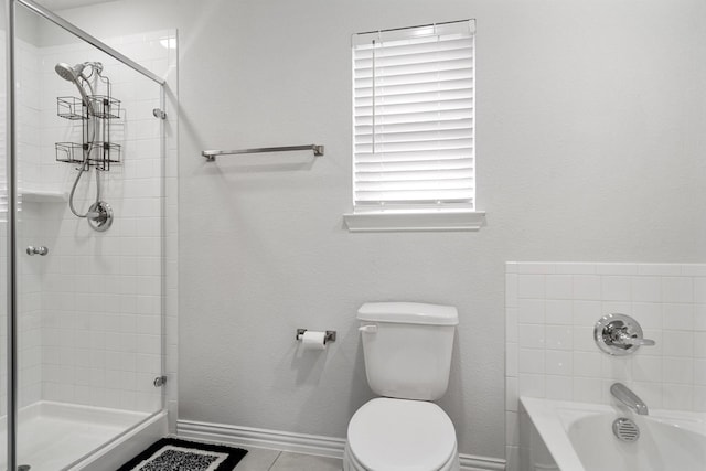 4652 Raleigh Dalton Rd, Dallas, TX 75227 - bathroom with tile patterned floors, toilet, a stall shower, and a bathing tub