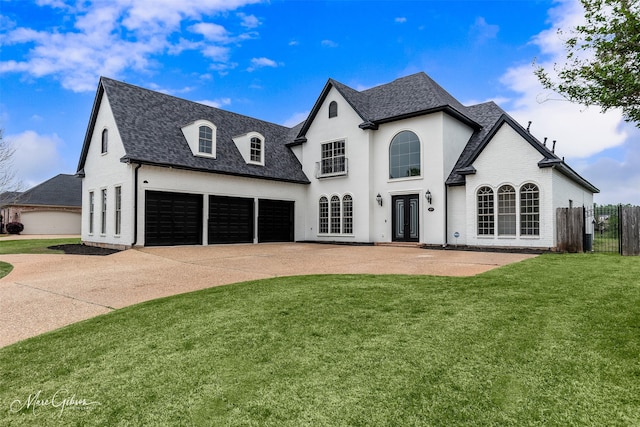 french country home with french doors, roof with shingles, concrete driveway, fence, and a front yard