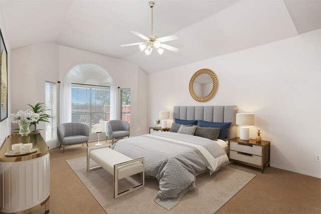 bedroom featuring lofted ceiling, light carpet, baseboards, and ceiling fan