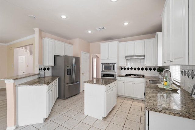 kitchen featuring tasteful backsplash, a sink, appliances with stainless steel finishes, under cabinet range hood, and visible vents