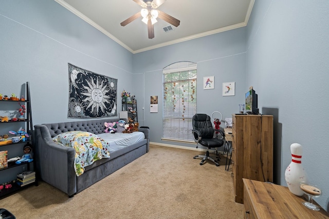 bedroom with a ceiling fan, crown molding, visible vents, and carpet