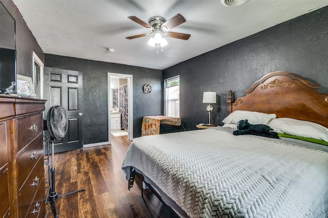 5601 Jane Anne St, Haltom City, TX 76117 - bedroom with ceiling fan, a textured wall, baseboards, ensuite bath, and dark wood-style flooring
