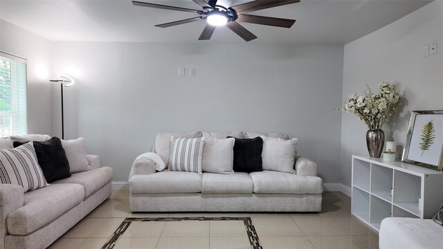 2904 Chestnut Ave, Fort Worth, TX 76106 - living room with tile patterned floors, baseboards, and ceiling fan