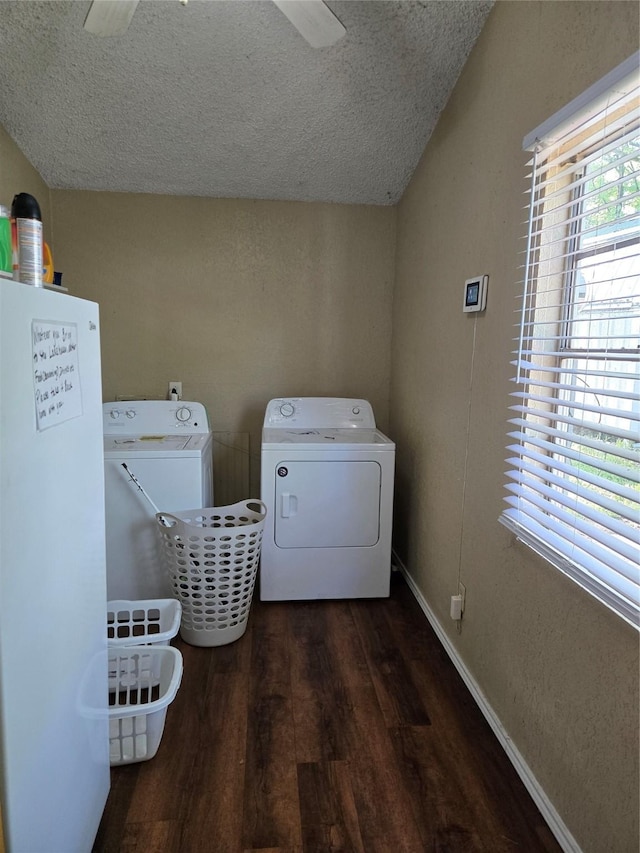clothes washing area featuring wood finished floors, washer and clothes dryer, a textured ceiling, ceiling fan, and laundry area
