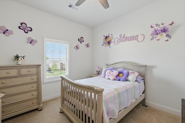 14329 Home Trl, Fort Worth, TX 76262 - bedroom with visible vents, light carpet, a ceiling fan, and baseboards
