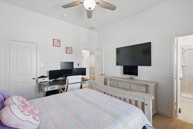 14329 Home Trl, Fort Worth, TX 76262 - bedroom with ceiling fan, visible vents, baseboards, carpet floors, and ensuite bathroom