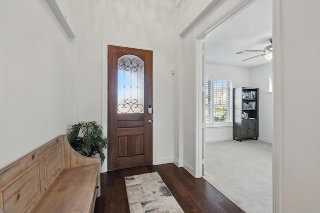 14329 Home Trl, Fort Worth, TX 76262 - foyer entrance featuring a ceiling fan, dark wood-style floors, and baseboards