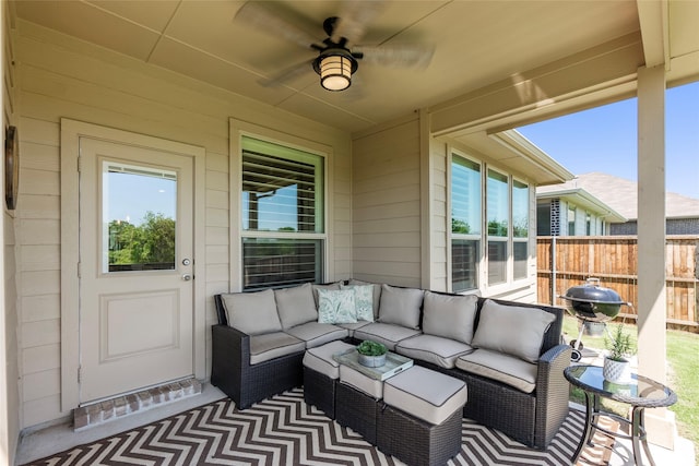 view of patio / terrace with fence, ceiling fan, an outdoor hangout area, and a grill