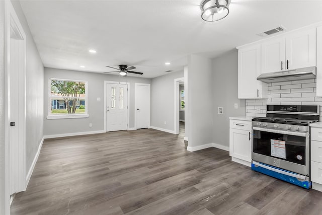 4227 Harvey Dr, Mesquite, TX 75150 - kitchen with stainless steel range with gas stovetop, under cabinet range hood, white cabinets, dark wood finished floors, and tasteful backsplash