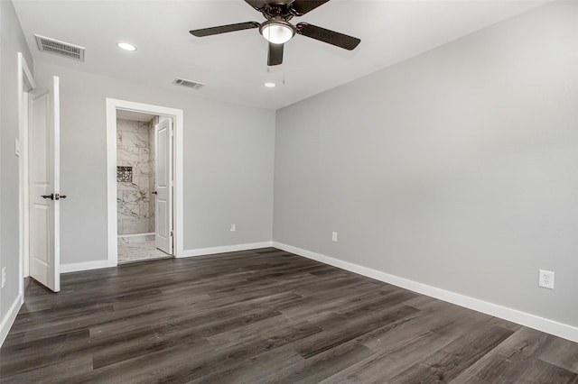 4227 Harvey Dr, Mesquite, TX 75150 - unfurnished bedroom featuring baseboards, recessed lighting, dark wood-style floors, connected bathroom, and a ceiling fan
