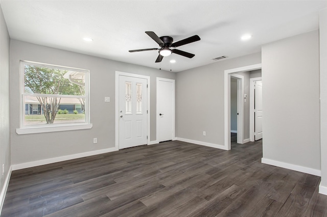 4227 Harvey Dr, Mesquite, TX 75150 - unfurnished room with dark wood-style floors, baseboards, recessed lighting, and ceiling fan