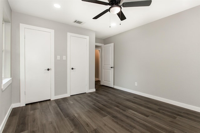 4227 Harvey Dr, Mesquite, TX 75150 - unfurnished bedroom with dark wood finished floors, baseboards, recessed lighting, and a ceiling fan