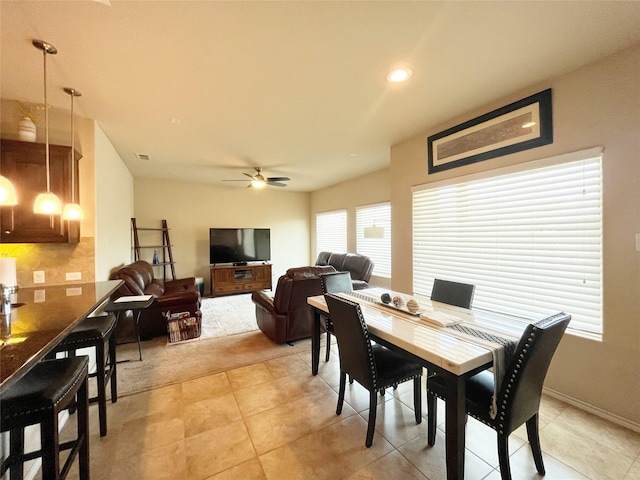 dining space with light tile patterned flooring, visible vents, ceiling fan, and recessed lighting