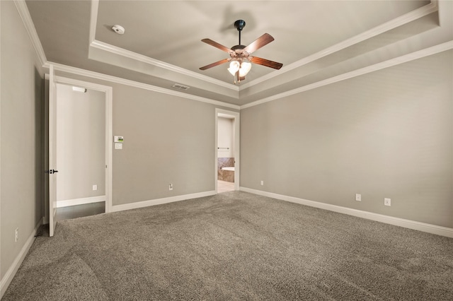1860 Halifax St, Roanoke, TX 76262 - unfurnished room with a raised ceiling, ornamental molding, a ceiling fan, and carpet flooring