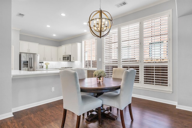 6424 Wind Song Dr, Mckinney, TX 75071 - dining space with a chandelier, ornamental molding, dark wood-type flooring, recessed lighting, and baseboards