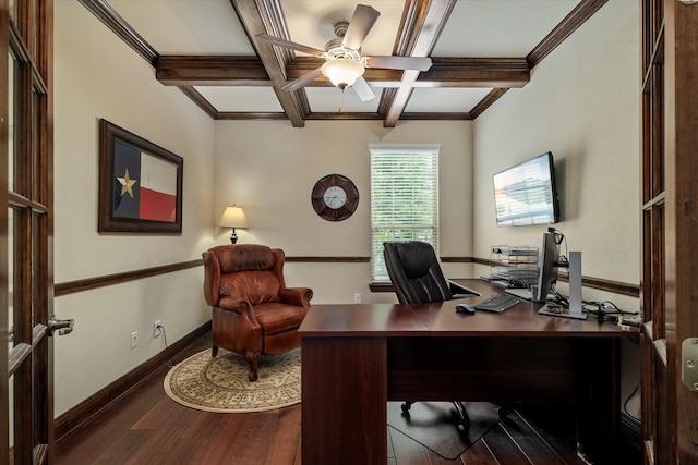 2833 Macquarie St, Trophy Club, TX 76262 - home office featuring ceiling fan, baseboards, dark wood-type flooring, beamed ceiling, and coffered ceiling