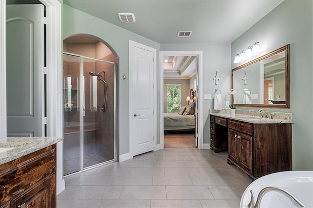 2833 Macquarie St, Trophy Club, TX 76262 - bathroom with a sink, visible vents, two vanities, and a shower stall