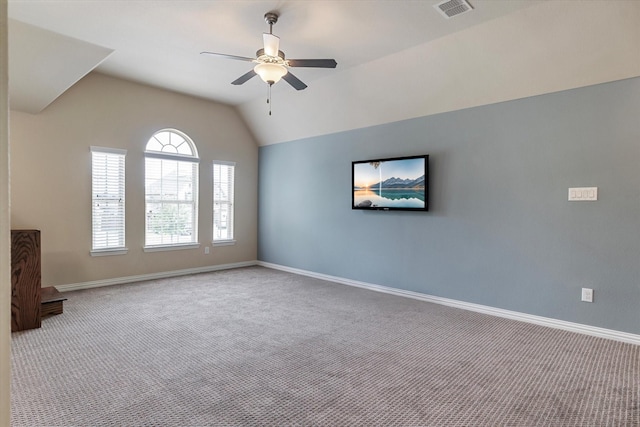 2833 Macquarie St, Trophy Club, TX 76262 - carpeted spare room featuring baseboards, ceiling fan, vaulted ceiling, and visible vents
