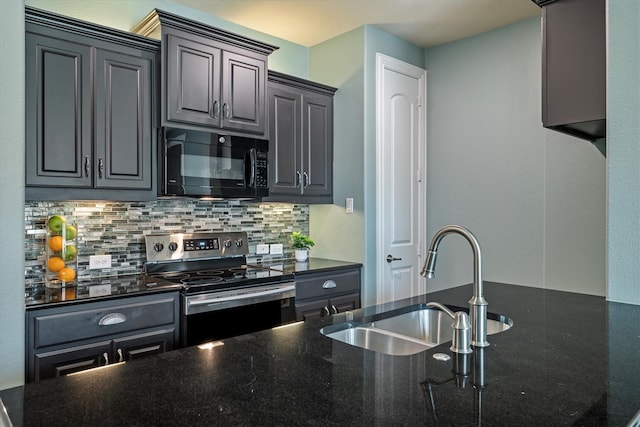 2833 Macquarie St, Trophy Club, TX 76262 - kitchen featuring backsplash, black microwave, stainless steel range with electric cooktop, a sink, and dark stone counters