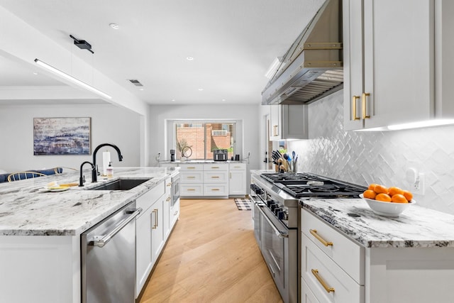 kitchen with light wood-type flooring, custom range hood, a sink, appliances with stainless steel finishes, and backsplash