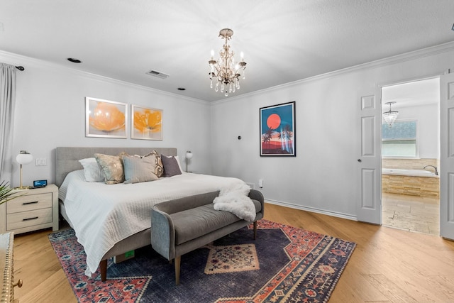 bedroom featuring crown molding, a notable chandelier, visible vents, and light wood-type flooring