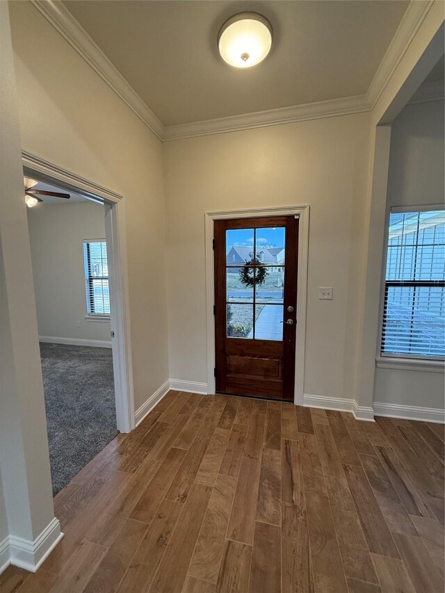 foyer entrance featuring dark wood-type flooring, crown molding, and baseboards
