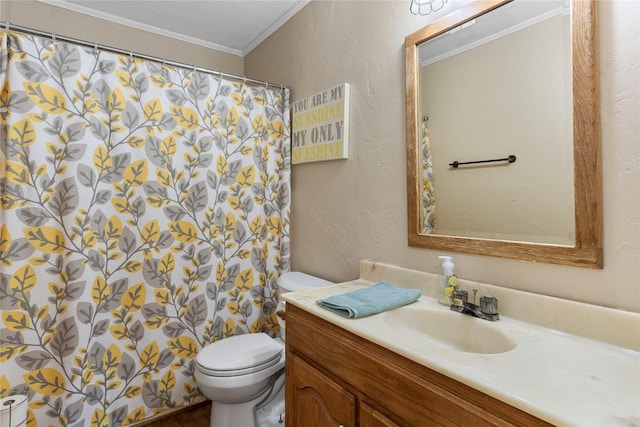 bathroom featuring crown molding, a textured wall, vanity, toilet, and curtained shower