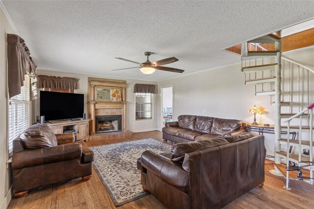living room with crown molding, stairs, wood finished floors, ceiling fan, and a textured ceiling