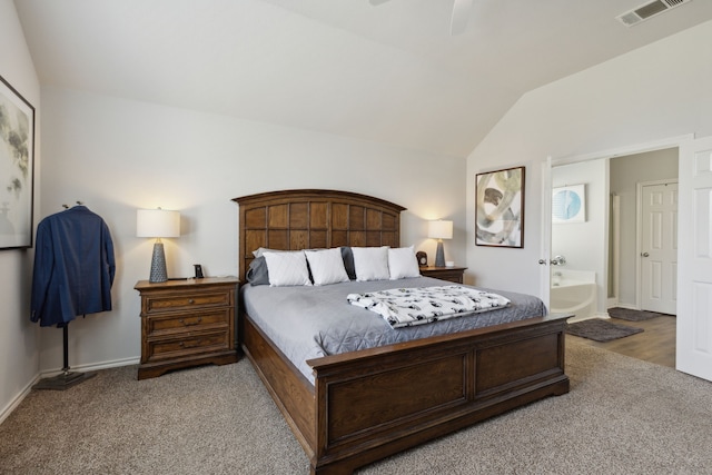 2820 Lone Ranger Trl, Little Elm, TX 75068 - carpeted bedroom featuring vaulted ceiling, baseboards, ensuite bath, and a ceiling fan
