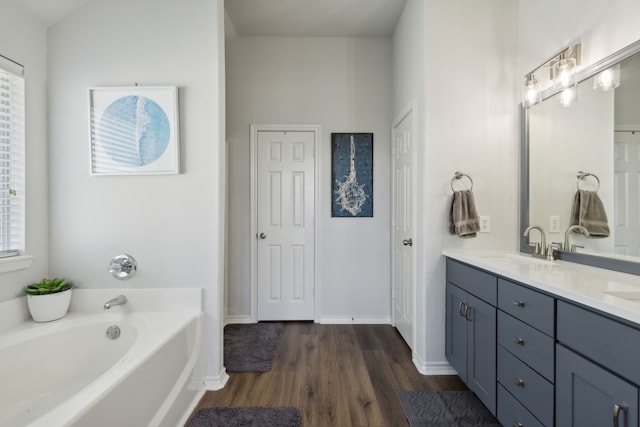 2820 Lone Ranger Trl, Little Elm, TX 75068 - bathroom featuring wood finished floors, healthy amount of natural light, a bath, and double vanity