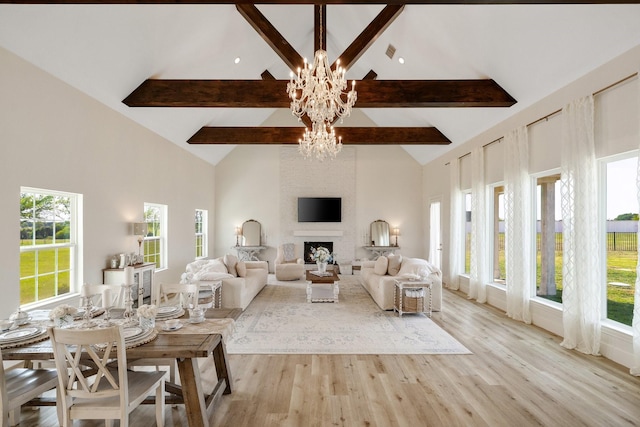 3823 Bluebonnet Trl, Princeton, TX 75407 - living area featuring a chandelier, beam ceiling, high vaulted ceiling, healthy amount of natural light, and light wood-type flooring