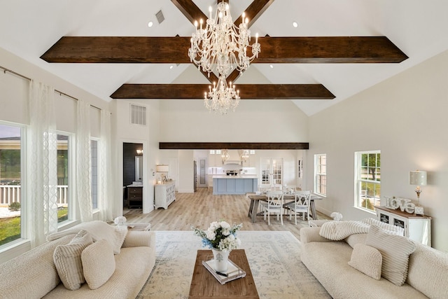 3823 Bluebonnet Trl, Princeton, TX 75407 - living area featuring a chandelier, high vaulted ceiling, beam ceiling, and light wood-type flooring