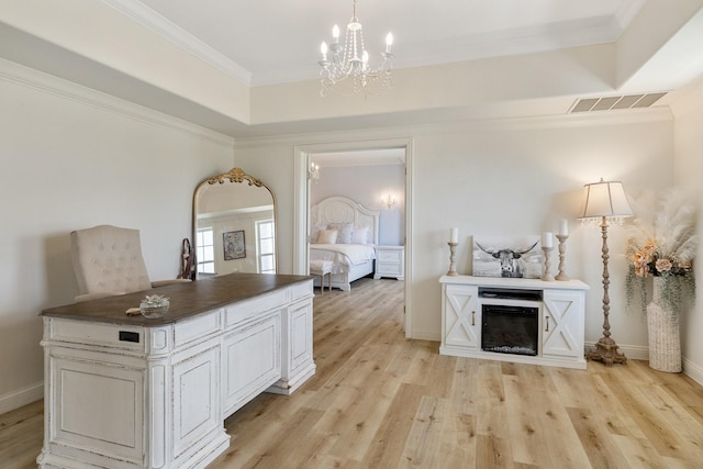 3823 Bluebonnet Trl, Princeton, TX 75407 - interior space featuring a chandelier, light wood-style flooring, ornamental molding, baseboards, and a fireplace