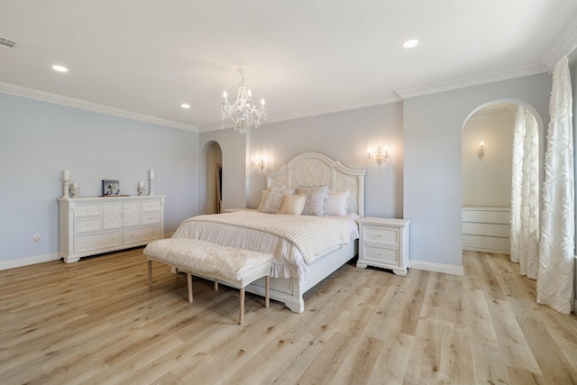 3823 Bluebonnet Trl, Princeton, TX 75407 - bedroom with arched walkways, crown molding, recessed lighting, a chandelier, and light wood-type flooring