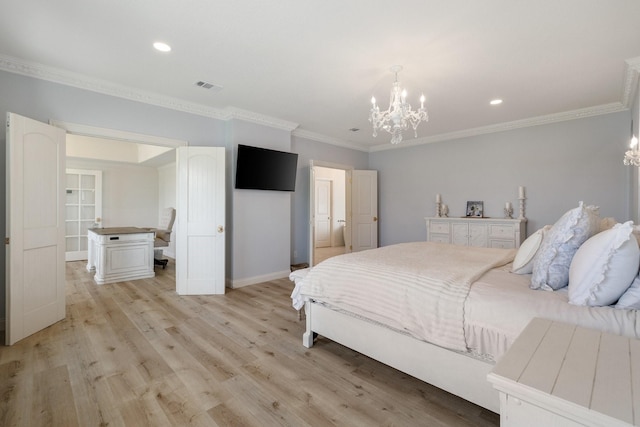 3823 Bluebonnet Trl, Princeton, TX 75407 - bedroom featuring a chandelier, light wood-type flooring, crown molding, baseboards, and recessed lighting