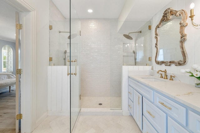 3823 Bluebonnet Trl, Princeton, TX 75407 - full bath featuring a stall shower, vanity, ensuite bath, baseboards, and recessed lighting