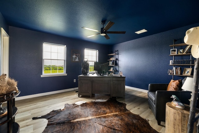3823 Bluebonnet Trl, Princeton, TX 75407 - office with ceiling fan, light wood finished floors, baseboards, and a textured wall