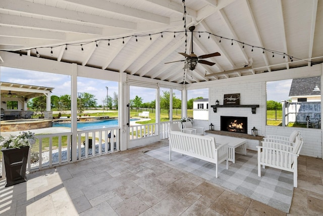 3823 Bluebonnet Trl, Princeton, TX 75407 - view of patio featuring a ceiling fan, a gazebo, an outdoor living space with a fireplace, and a pool with connected hot tub
