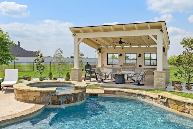 3823 Bluebonnet Trl, Princeton, TX 75407 - view of swimming pool with an outdoor fire pit, a patio, fence, a gazebo, and a pool with connected hot tub