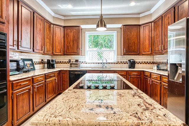 1727 Parkwood Dr, Grapevine, TX 76051 - kitchen with black appliances, a sink, crown molding, decorative backsplash, and light stone counters